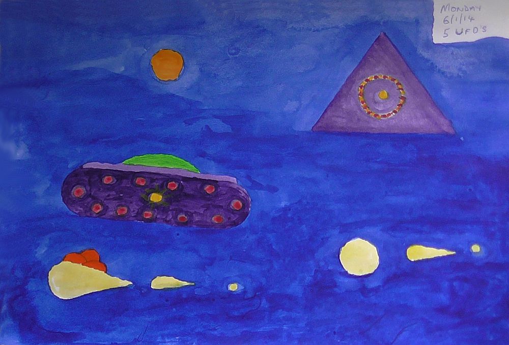 5 UFOs - Painting by Turtle, Copyright 6th January 2014